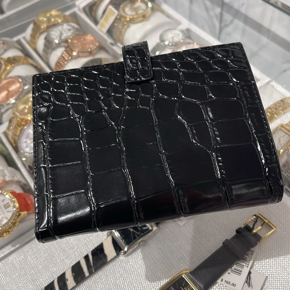 Michael Kors Empire Metallic Crocodile Embossed Leather Passport Wallet Black